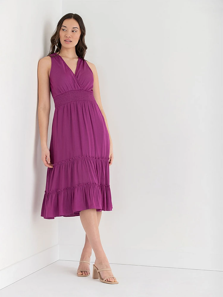 Sleeveless Ruffle Tiered Charmeuse Satin Midi Dress