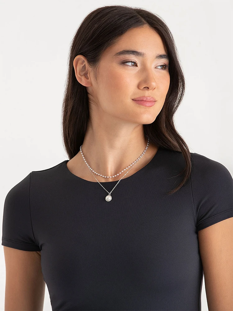 Layered Pearls & Solitaire Pendant Silver Necklace