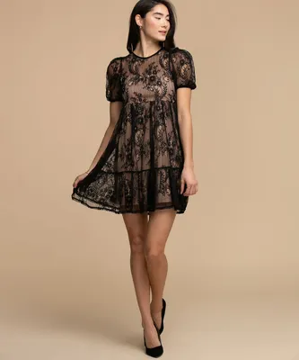 Tash + Sophie Puff Sleeve Lace Overlay Dress