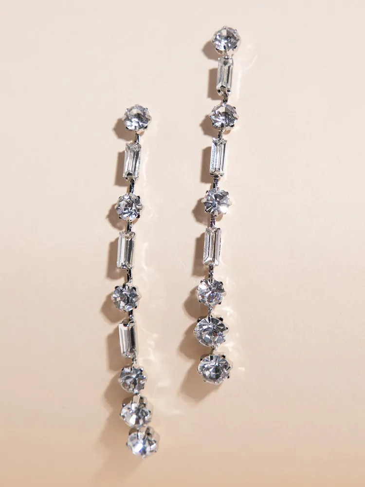 Silver Drop Earrings with Round + Square Crystals