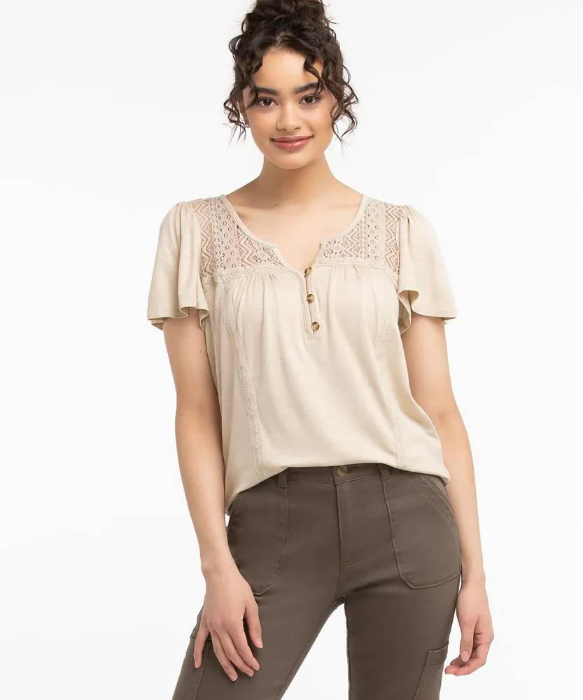 Lace Detail Flutter Sleeve Top