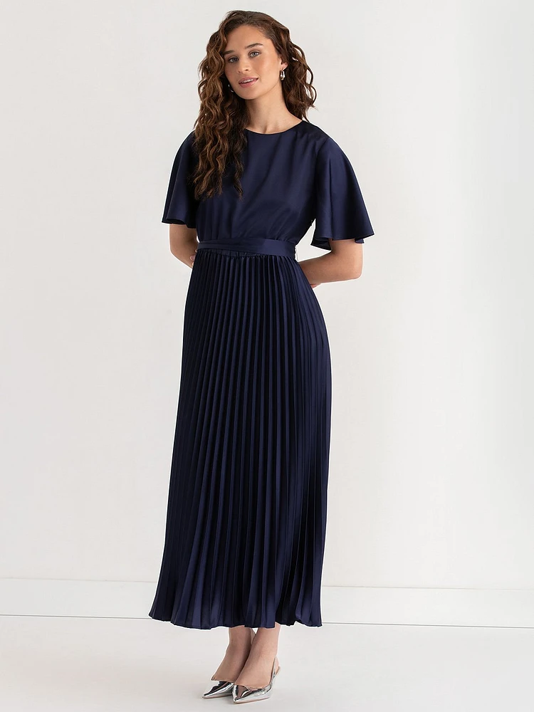 Short Sleeve Pleated Dress with Flutter Sleeves