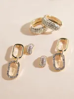 Gold Pave Paperclip + Hoop + Stud Earring Set