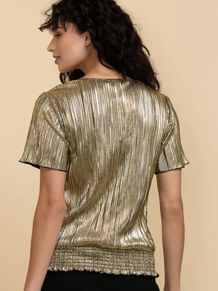 Gold Plisse Flutter Sleeve Top