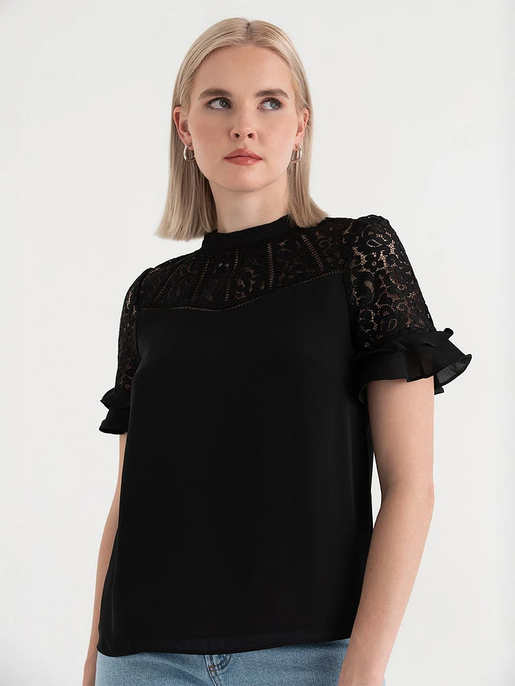 Short Sleeve Lace & Ruffle Blouse