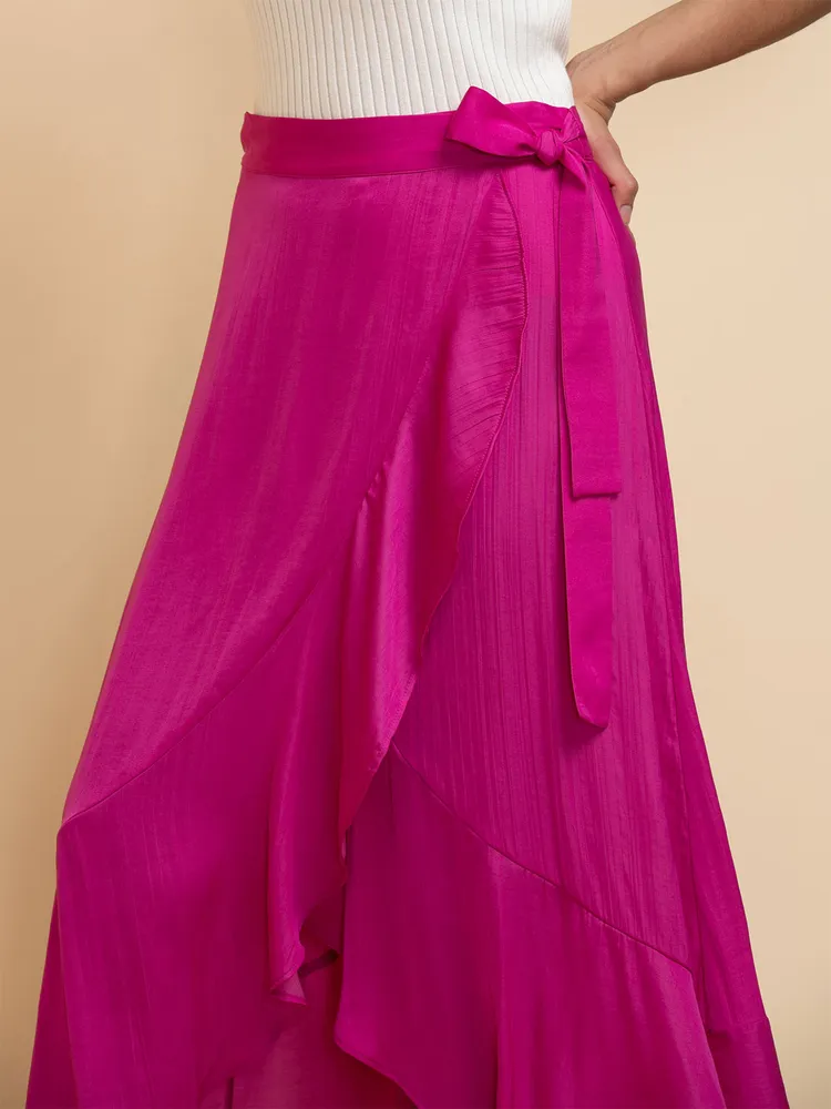 Satin Mid Ruffle Wrap Skirt