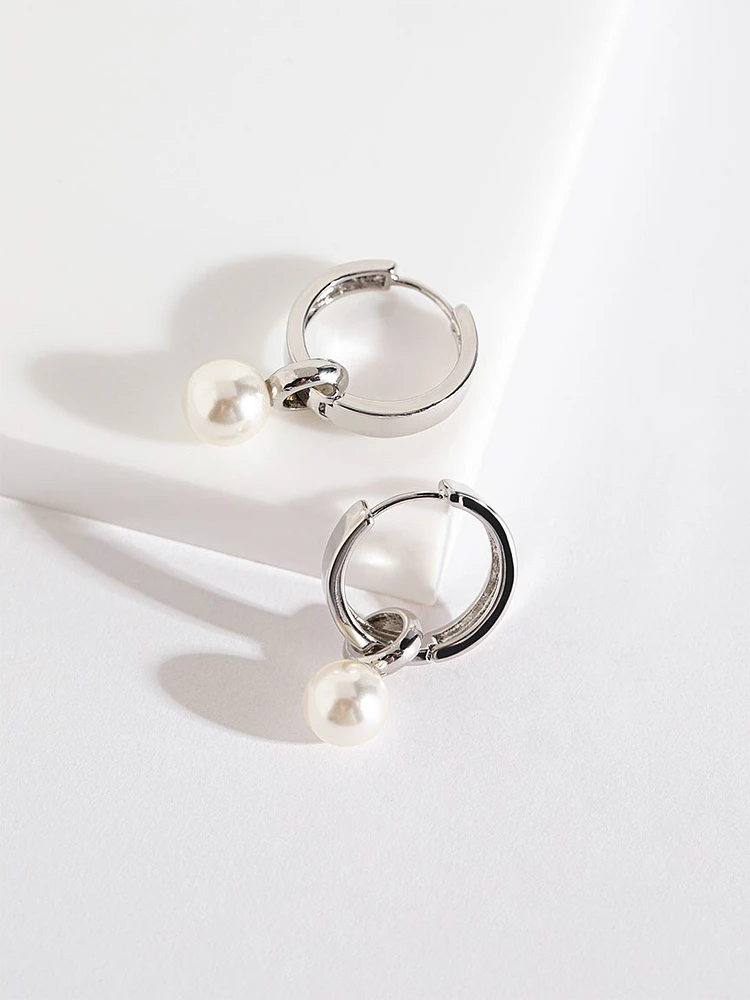 Pearl Drop Silver Huggie Earrings