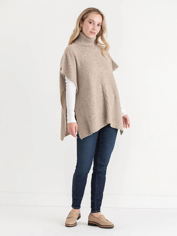 Turtleneck Poncho Sweater with Cable Knit Detail