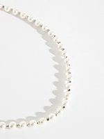 Short Pearl & Silver Metal Necklace