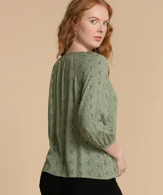 3/4 Sleeve Button-Front Boho Blouse