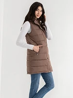 Carlyn Long Puffer Vest with Detachable Hood & Fur Trim