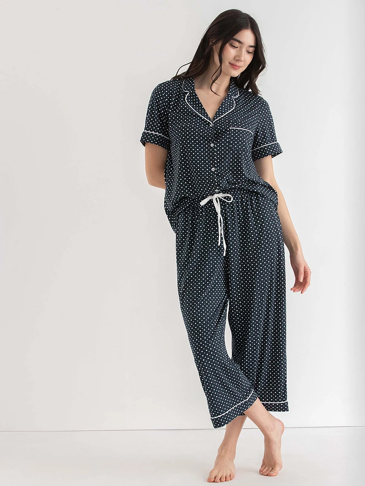 Short Sleeve Button Down Shirt with Crop Pant Sleep Set