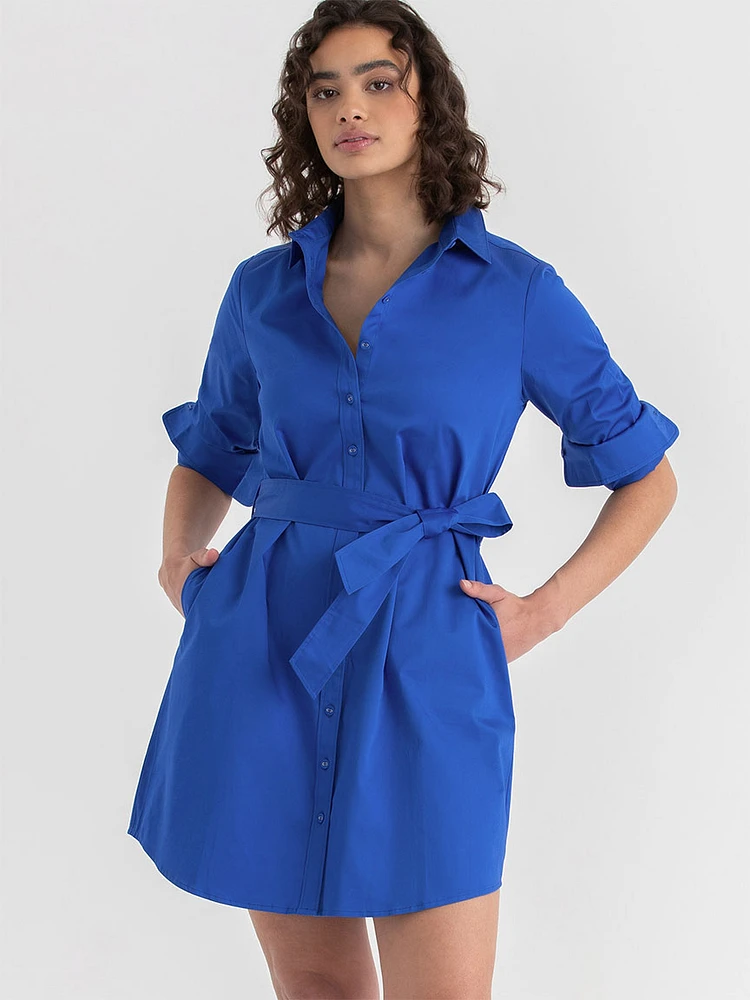 Roll Sleeve Shirtdress with Belt