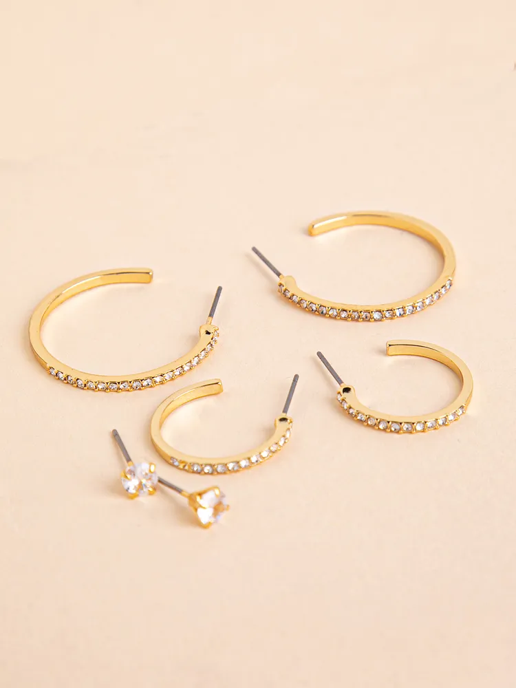 Trio 14K Gold Pavé Hoop Earrings