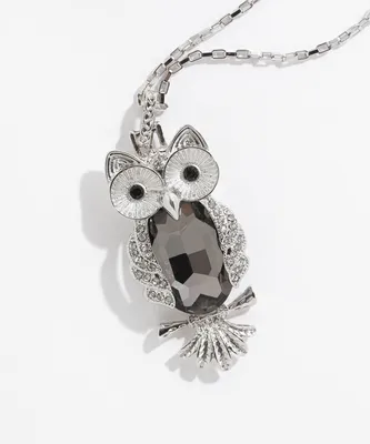 Long Silver Gemmed Owl Necklace