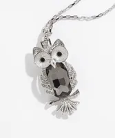 Long Silver Gemmed Owl Necklace