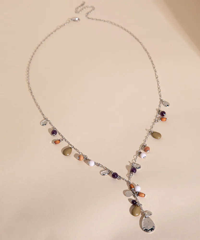 Long Silver Necklace with Assorted Beads