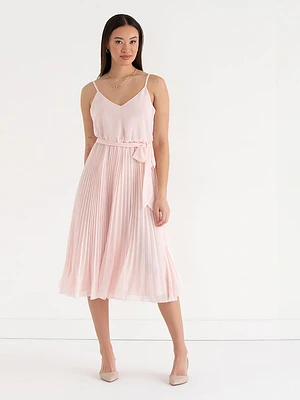 V-Neck Pleated Skirt Midi Dress