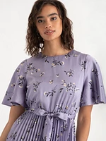 Short Sleeve Pleated Dress with Flutter Sleeves