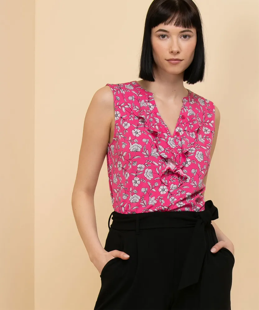 Sleeveless Top with Ruffle Placket