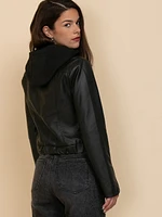 Faux Leather Jacket with Fleece Hood