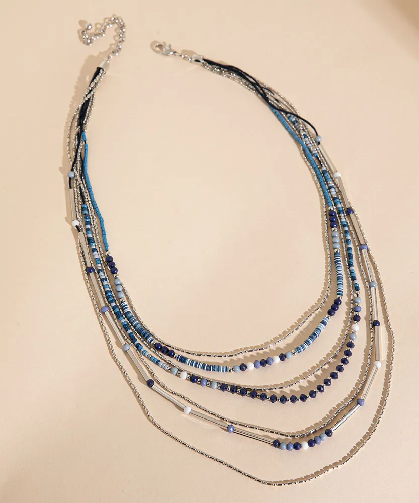 Layered Blue & Silver Beaded Necklace