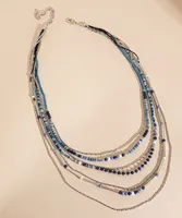 Layered Blue & Silver Beaded Necklace