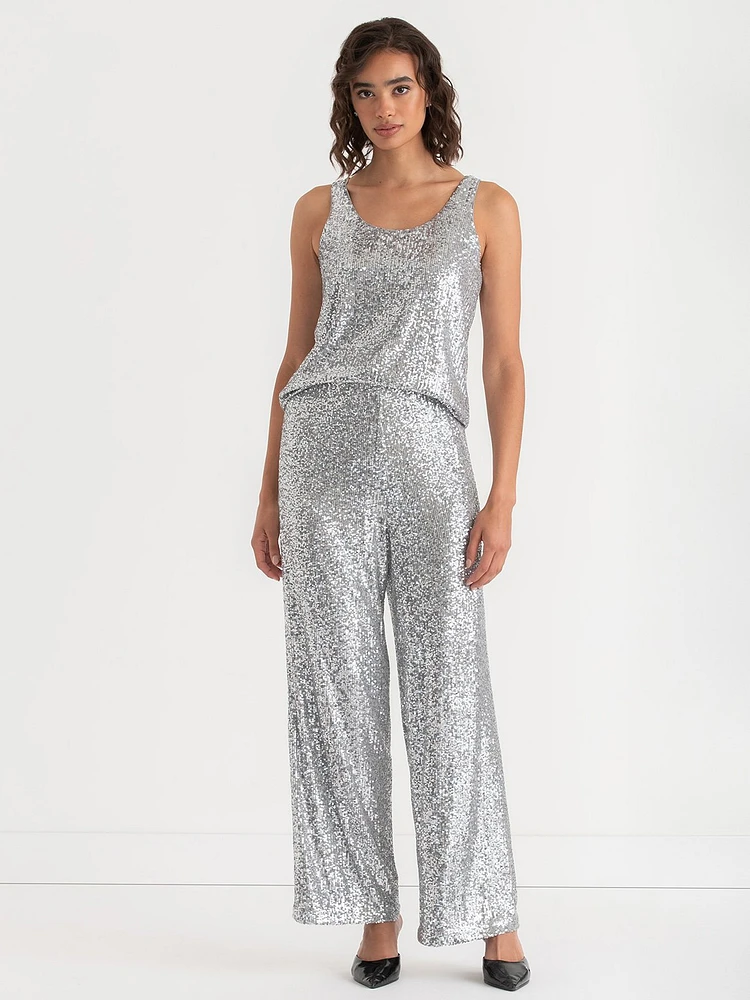 Pull-On Wide Leg Sequin Pant