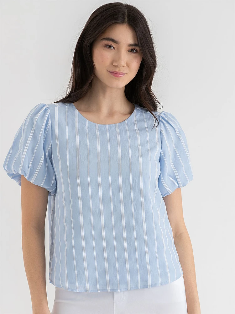 Dobby Stripe Puff Sleeve Top