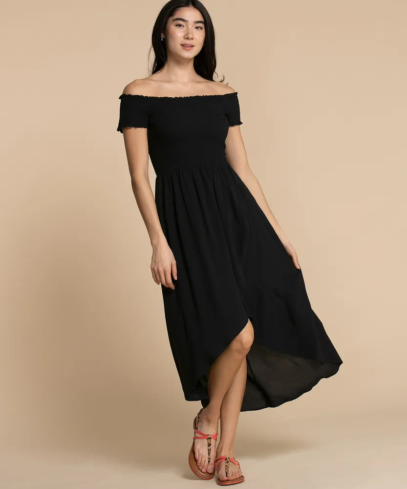 Smocked Off-Shoulder Asymmetrical Dress