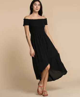Smocked Off-Shoulder Asymmetrical Dress
