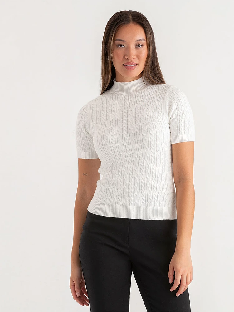 Mock Neck Elbow Sleeve Cable Sweater