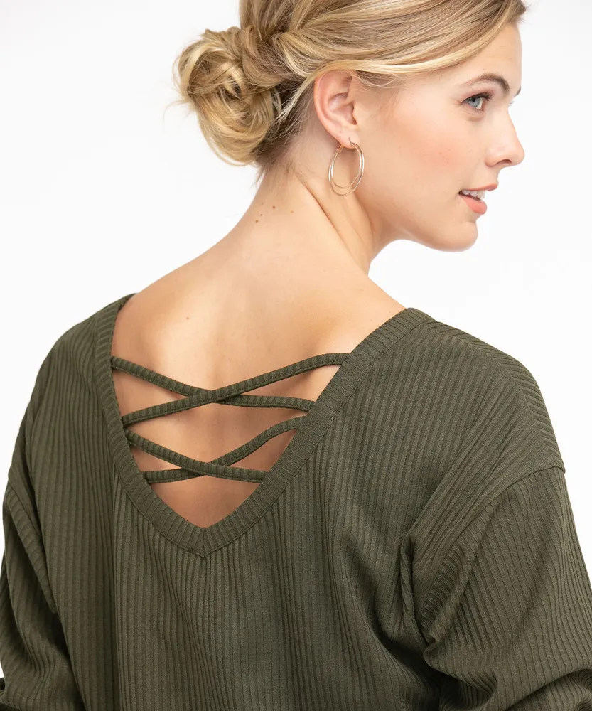 Ribbed Long Sleeve Back Detail Top