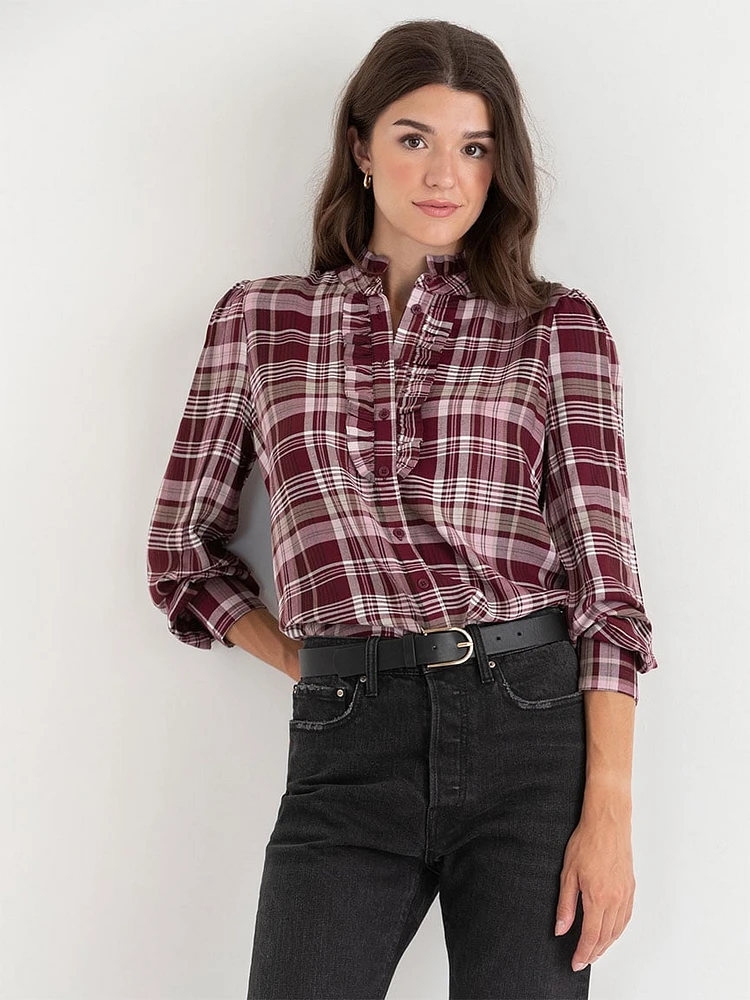 Long Sleeve Ruffle Placket Blouse