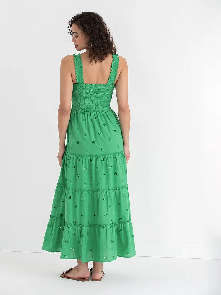 Smocked Bodice Eyelet Maxi Dress