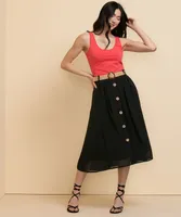 Textured Midi Skirt with Wood Buttons