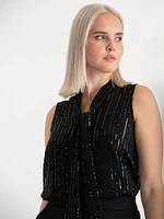 Sleeveless Pinstripe Sequins Blouse with Neck Tie