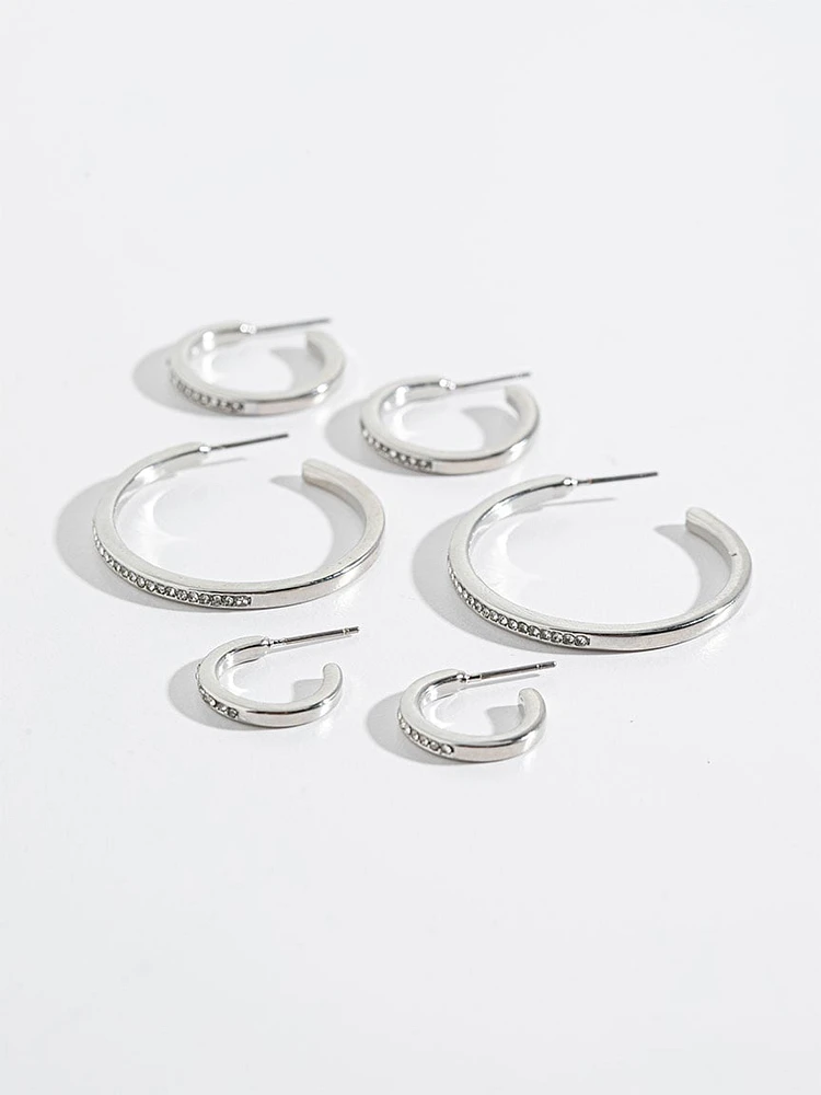 Pave Silver Hoop Earring Trio