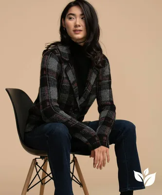 Eco-Friendly One-Button Plaid Cardigan