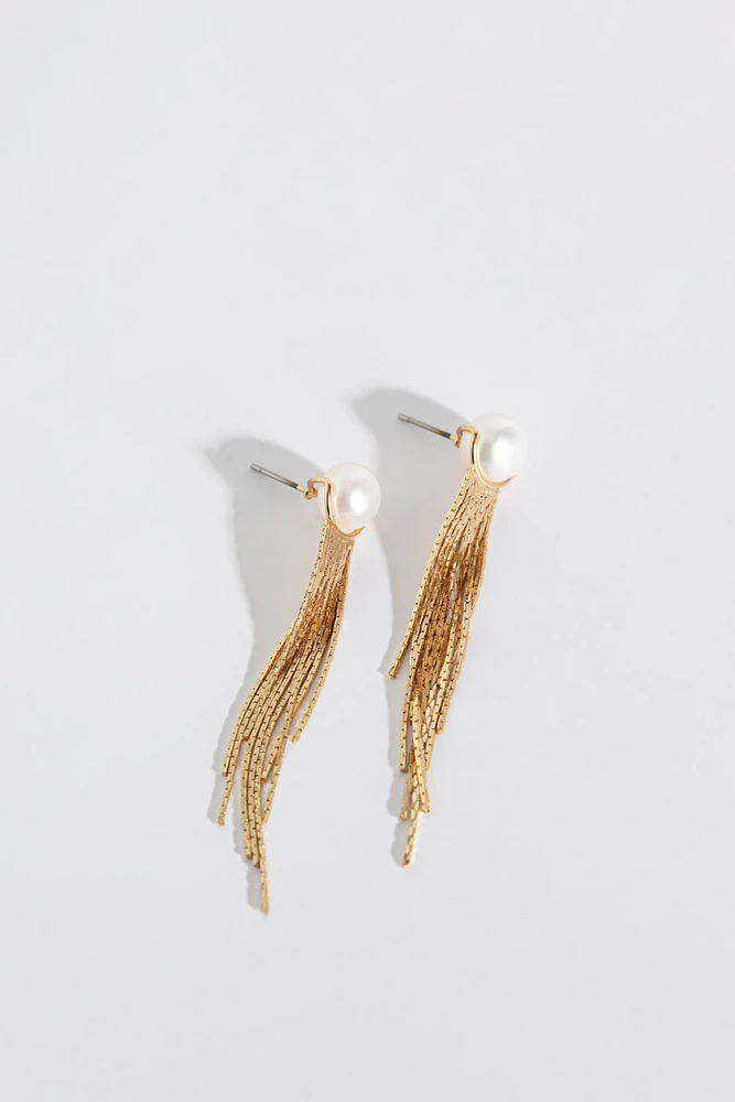 Pearl Earrings with Metal Tassels