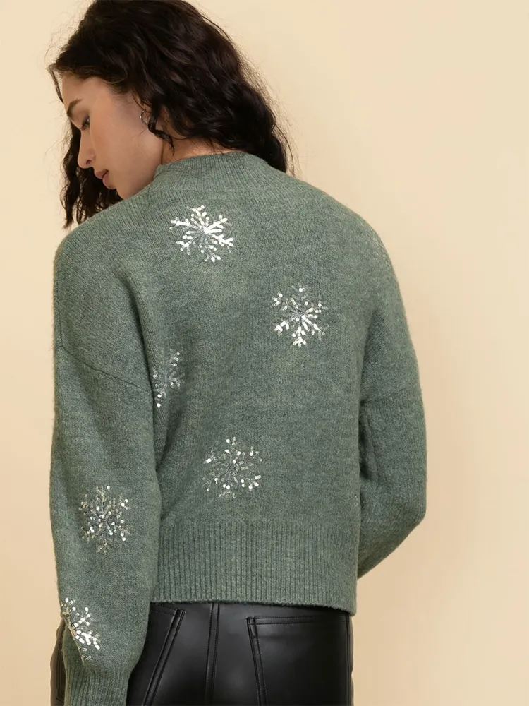 Mock Neck Sequin Snowflake Sweater