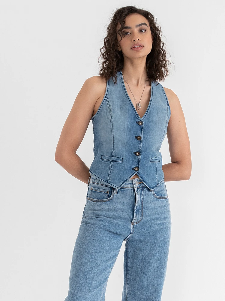 Button Front Denim Vest