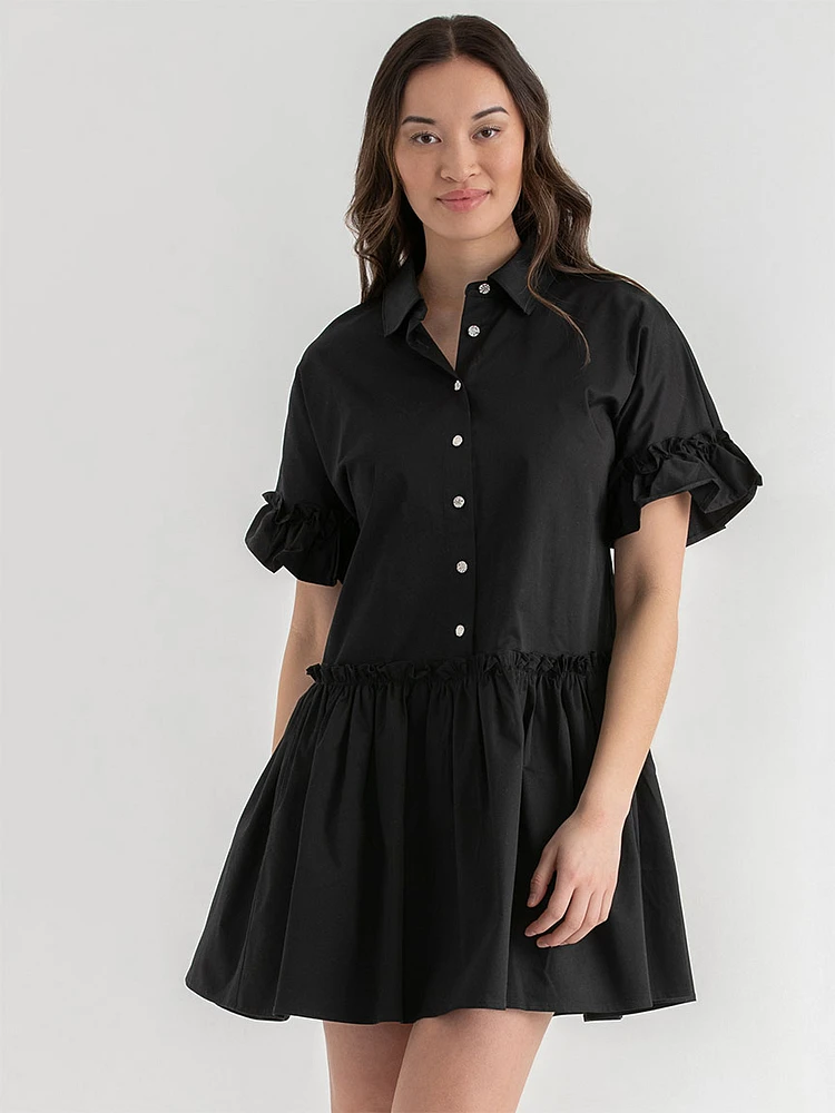 Short Sleeve Luxe Poplin Dress with Ruffles