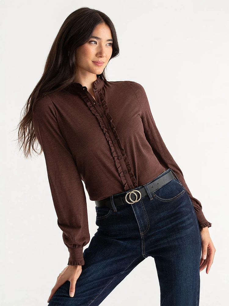 Ruffle Trim Button Up Blouse