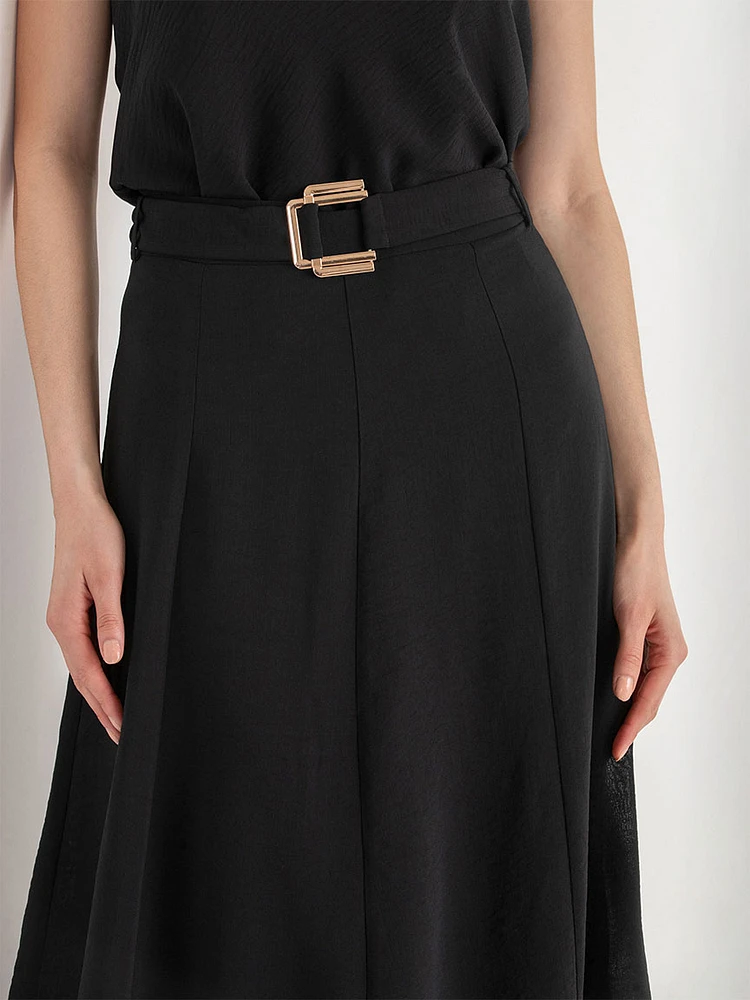 A-Line Textured Midi Skirt with Buckle