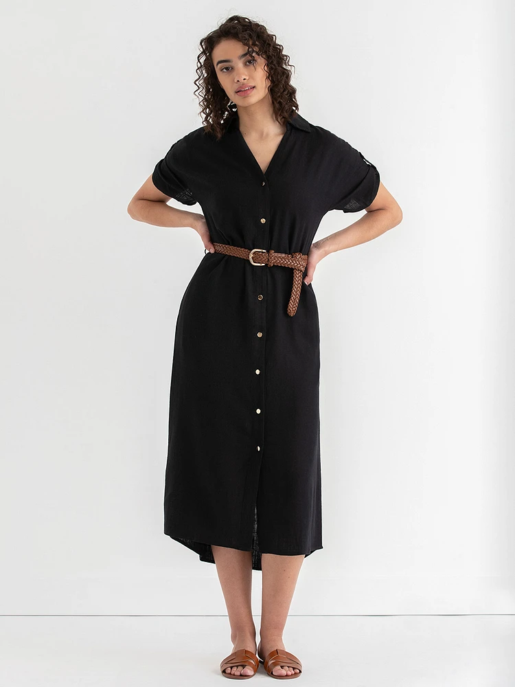 Linen Shirtdress with Roll Sleeves