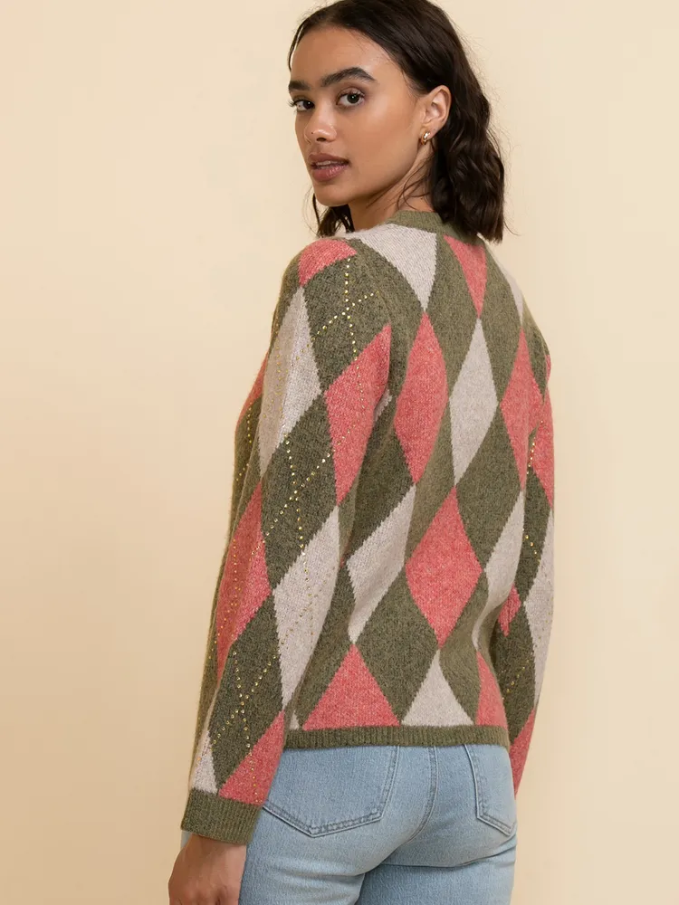 Argyle Pullover with Rhinestone Detail