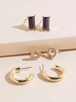 Studded Gold Pave Circle + Emerald Cut + Hoop Earring Trio