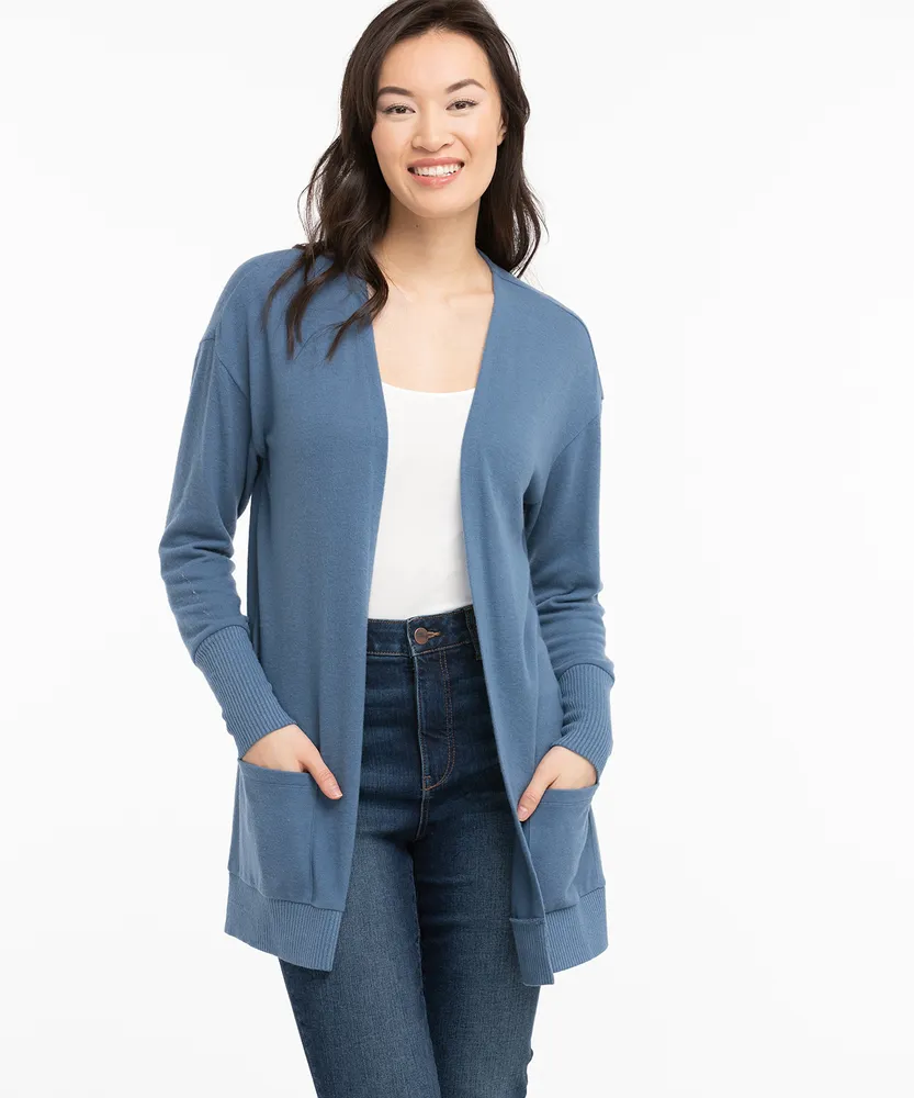 Ribbed Trim Open Front Cardigan