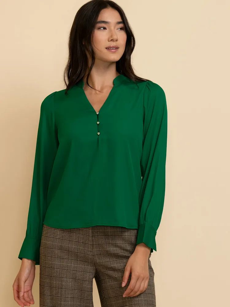 Long Sleeve V-Neck Blouse with Silver Buttons